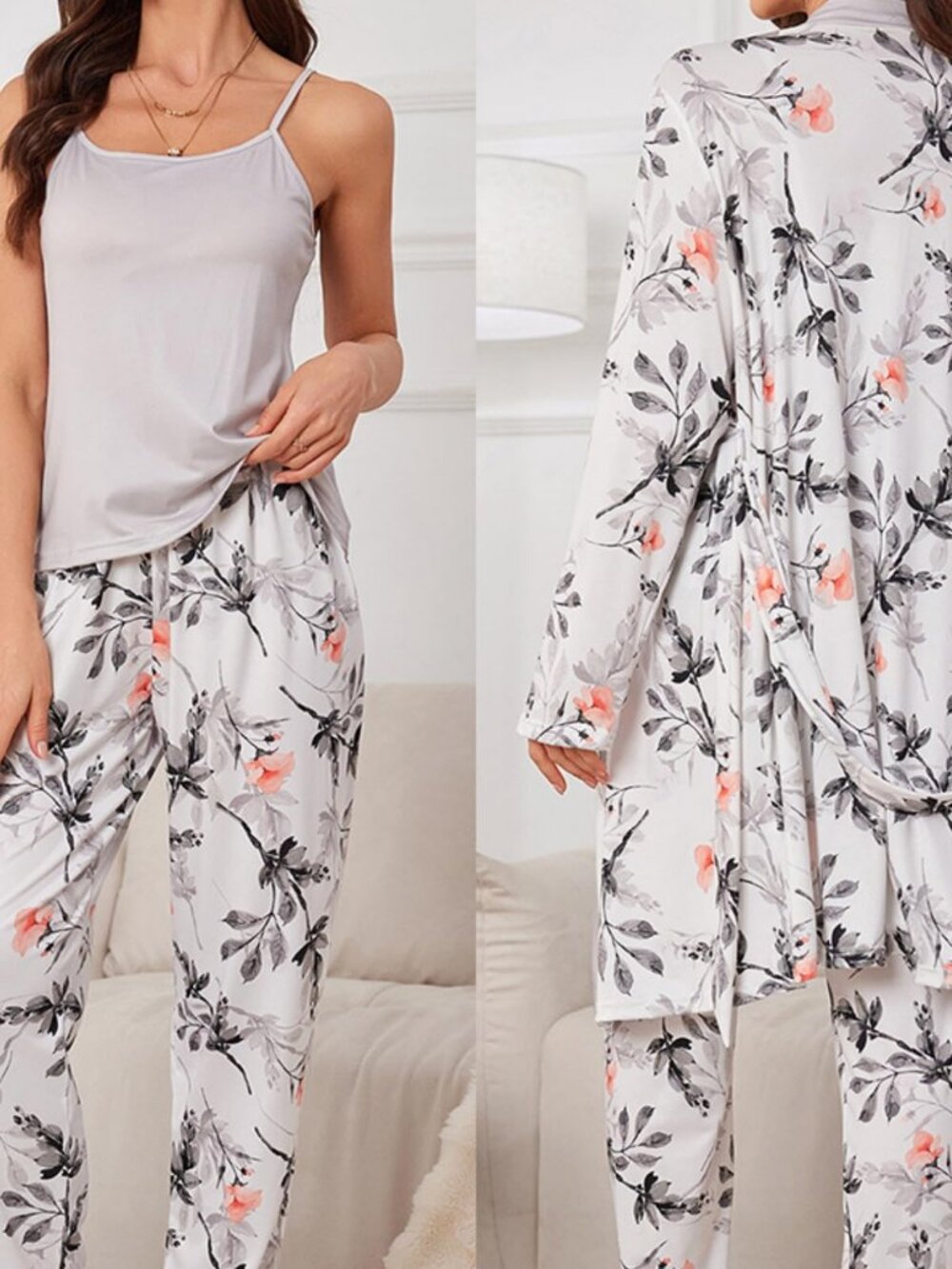 Women's 3-Piece Floral Pajama Set with Robe and Wide Leg Sleepwear Pants - Picture 3 of 5